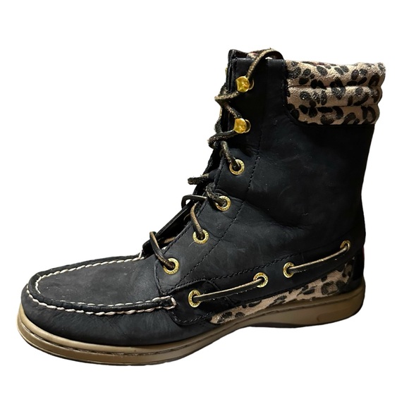 Sperry Hikerfish Black Leather Leopard Lace Up Boots Womens Size 7M 9531393 - Picture 8 of 12